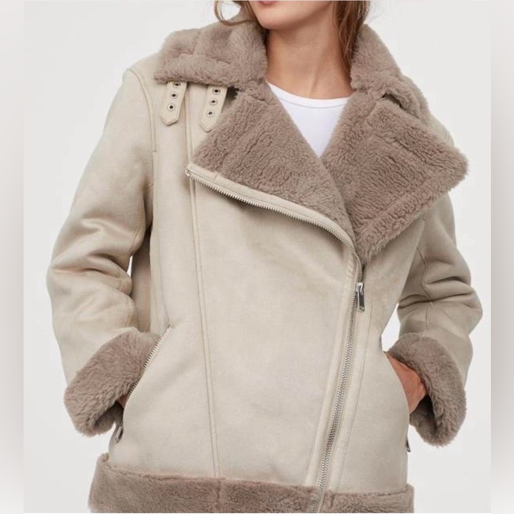 H&M Beige and‎ Light Brown Teddy Aviator Jacket